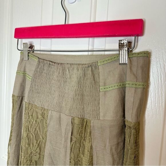 Y2K J.Lee Tan Khaki Green Floral Lace Striped Pleated Maxi Skirt Sz M Fairycore - Picture 4 of 8